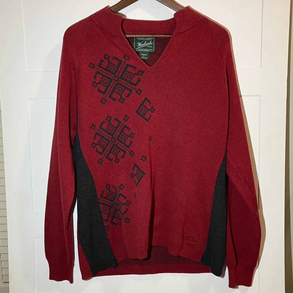 Woolrich Womens XL‎ Deep Ruby Geometric Cotton Pullover Sweater Cabin Core Lodge